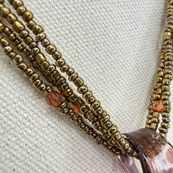Dichroic Glass Teardrop Pendant Necklace Multi Strand Bronze Seed Beads - Picture 5 of 10
